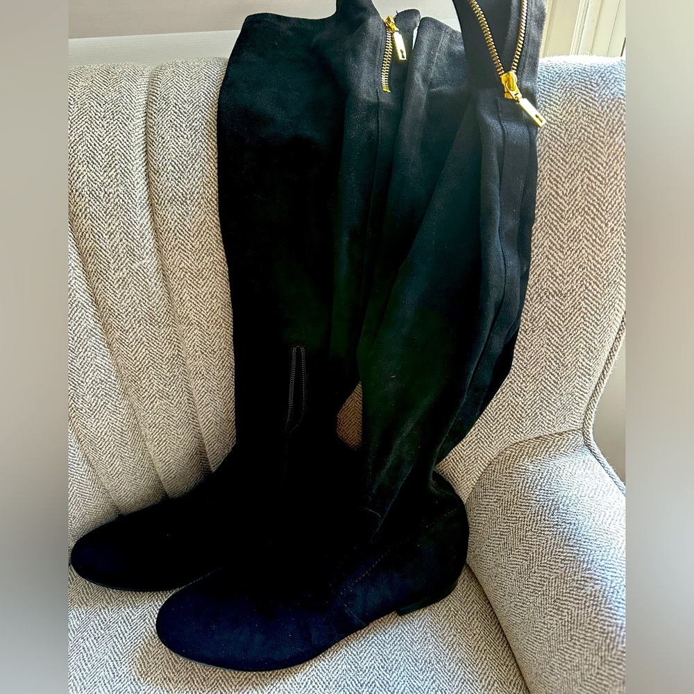 Black Suede High Over the Knee Boots Ivanka Trump Flat Like New Size 9 Gorgeous